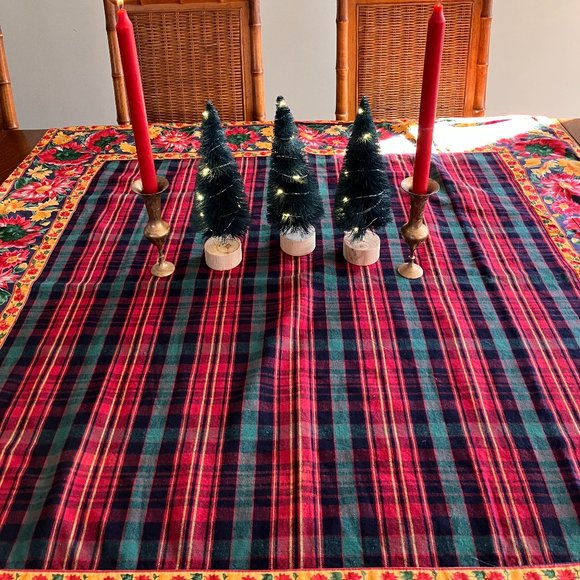 Vintage April Cornell Double Sided Holiday Tablecloth featuring Plaid and Flower - Picture 7 of 9